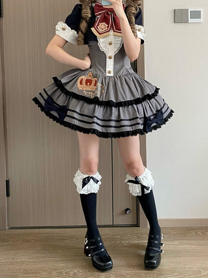Monochrome Preppy Striped Two-Piece Gown with Crown Embroidery - Fairy Faith