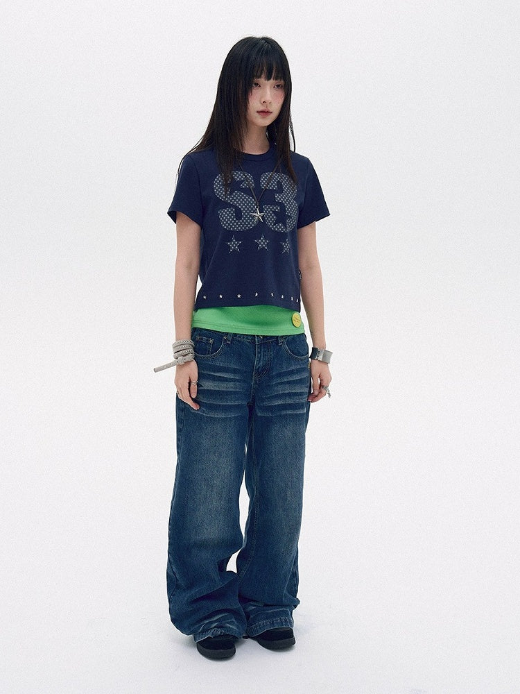 Navy Letter Print Tee with Star Studs - innomoood