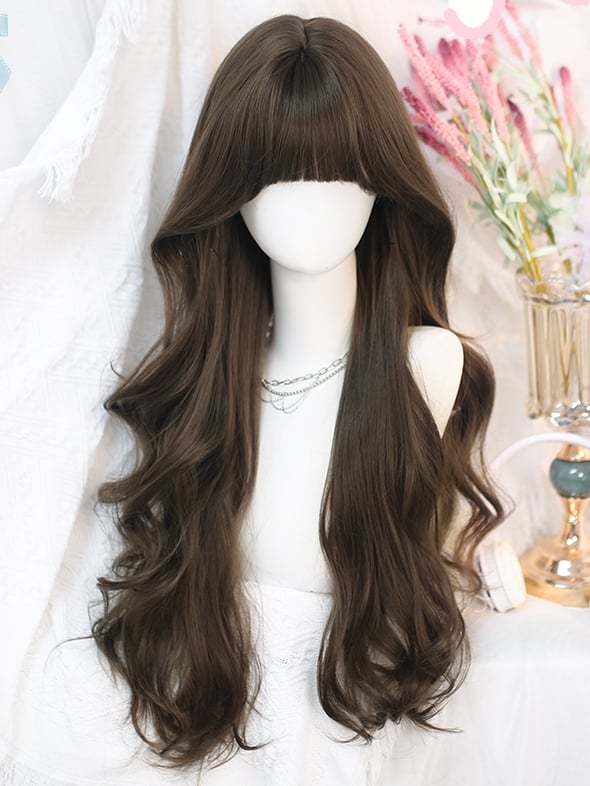 Taillenperücke, 70 cm, gewellter Pony, braune Länge