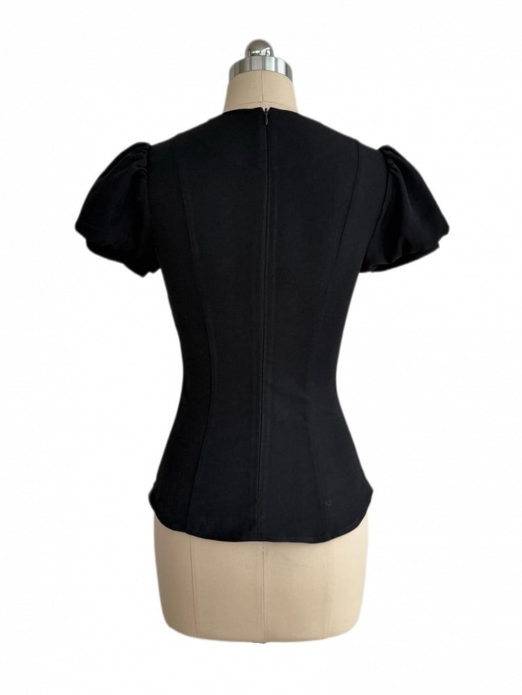 Black Square Neck Puff Sleeve Top with White Ruffle Trim - Damn Girl
