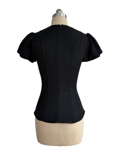 Black Square Neck Puff Sleeve Top with White Ruffle Trim - Damn Girl