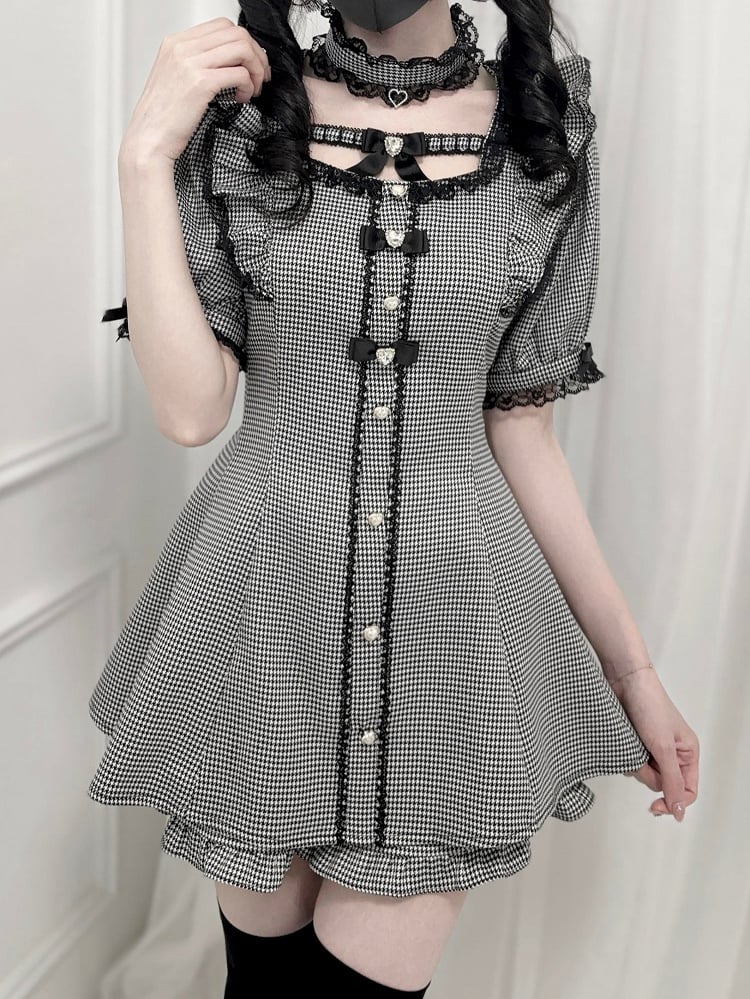 Set – Minikleid mit Flatterärmeln, Schleife hinten zum Selbstbinden + Shorts, Hahnentrittmuster, Jirai Kei + Halsband