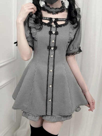 セット - フラッタースリーブセルフタイボウバックミニドレス + ショーツ ハウンドトゥース ジライケイ + チョーカー