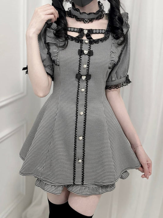 セット - フラッタースリーブセルフタイボウバックミニドレス + ショーツ ハウンドトゥース ジライケイ + チョーカー