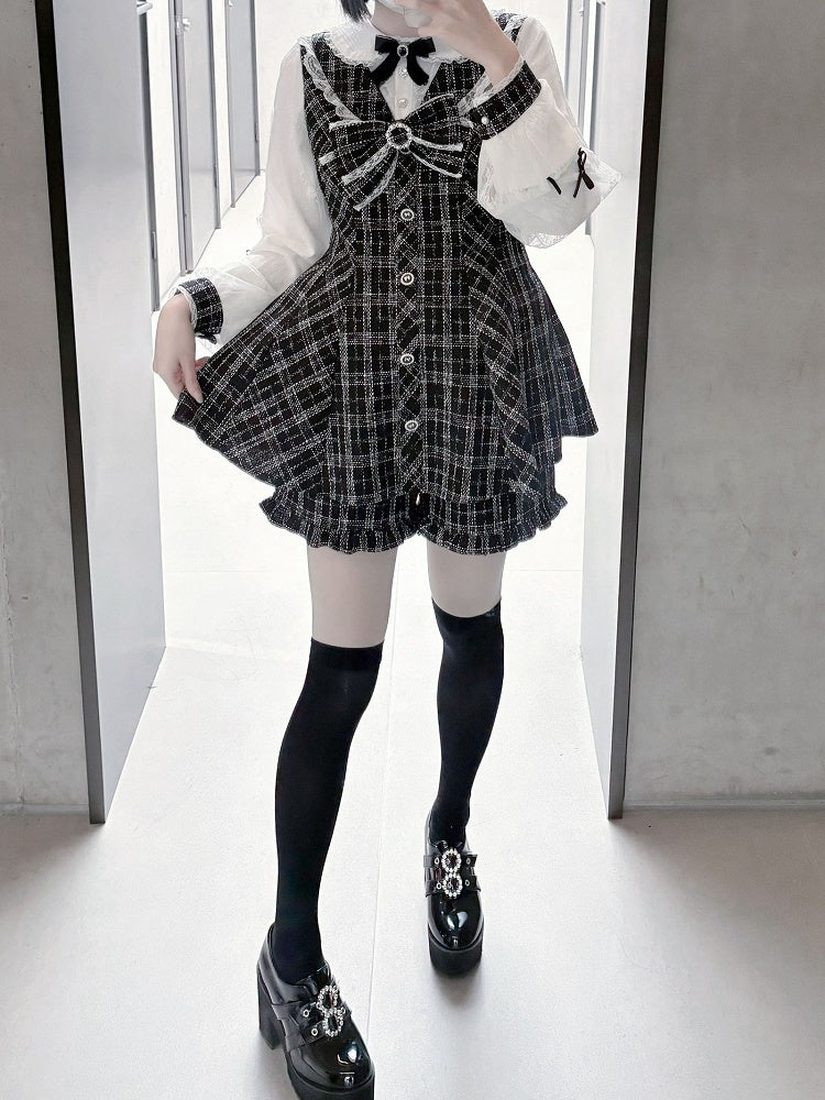 ミニドレス、ショートパンツ付き、リボンセット、取り外し可能なビッグジライケイ、ブラック、ホワイト、ツイード、ピーターパンカラー