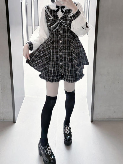 ミニドレス、ショートパンツ付き、リボンセット、取り外し可能なビッグジライケイ、ブラック、ホワイト、ツイード、ピーターパンカラー