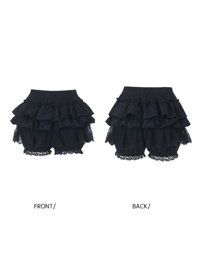 Waist Skirt Gothic Trim Puff Tiered Halloween Built-in Elastic Shorts Lace with Black