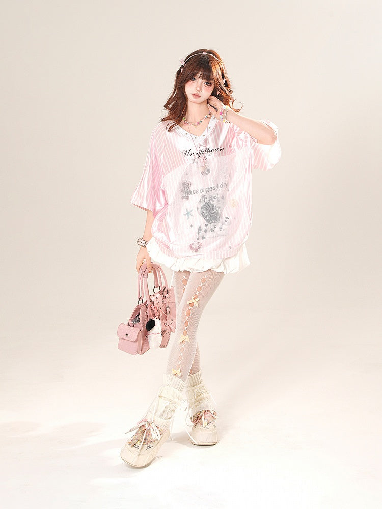 ピンク/シルバー ブロケット コア Vネック ストライプ Tシャツ