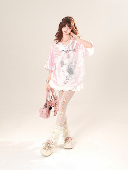 ピンク/シルバー ブロケット コア Vネック ストライプ Tシャツ