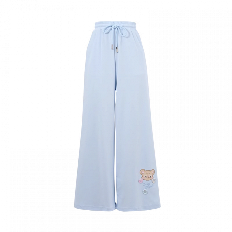 ワイドレッグカジュアルパンツ ブルー ドローストリングウエスト クマプリントカフ