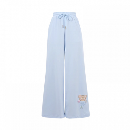 ワイドレッグカジュアルパンツ ブルー ドローストリングウエスト クマプリントカフ