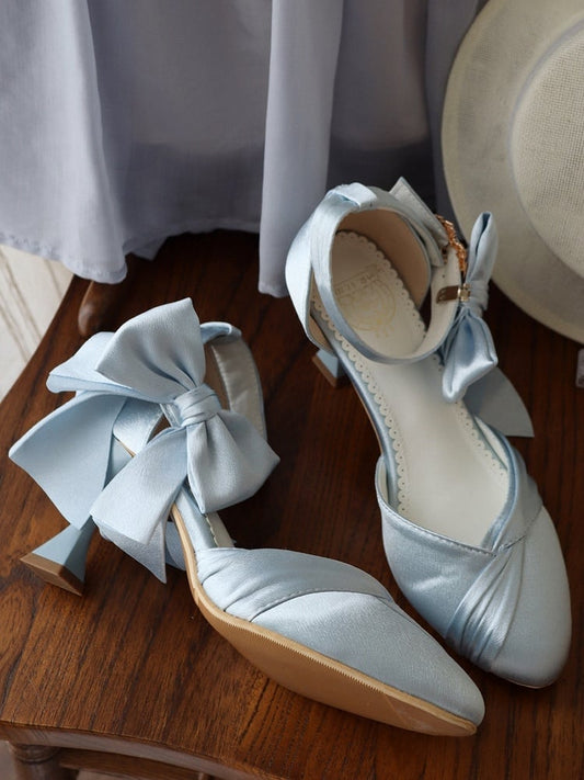 Heels Blue Toe Accent Satin Light Elegant Buckle Pointed Heart Lolita High Bow