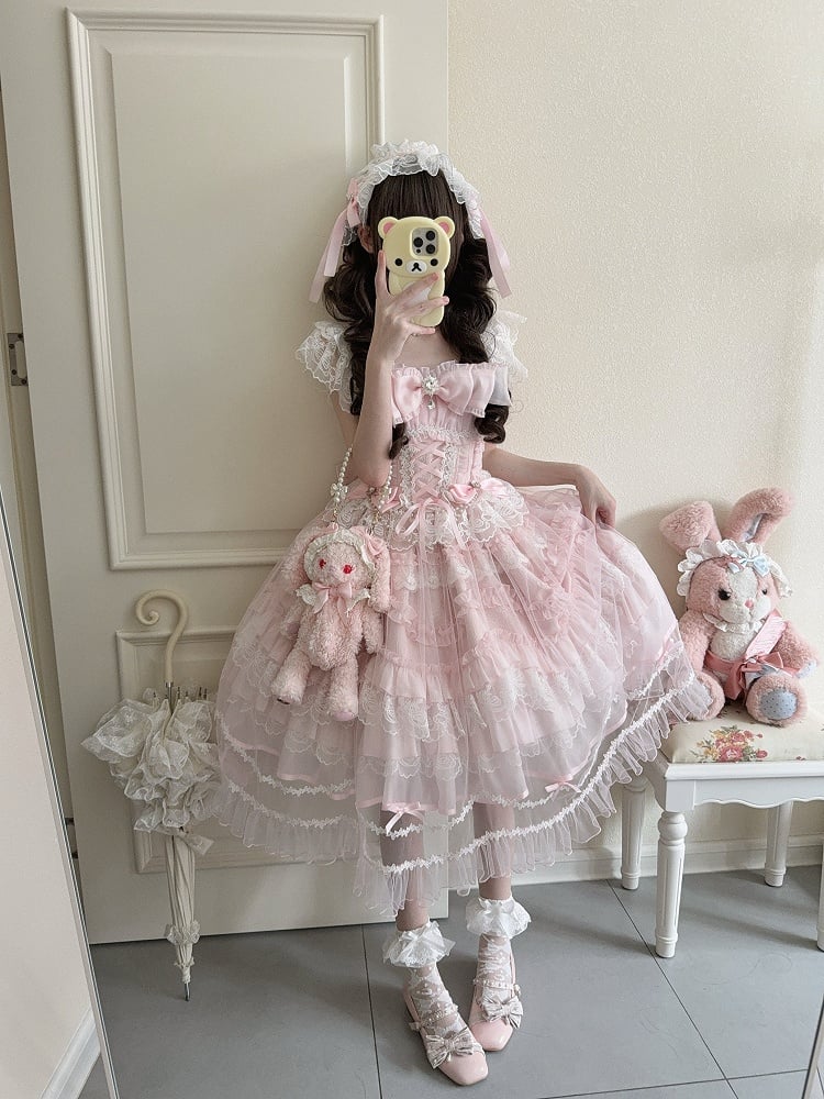 Lolita Multi-Layer Sweet Lace with Pink Details JSK Bows Rhinestone Dress Hanayome-Style