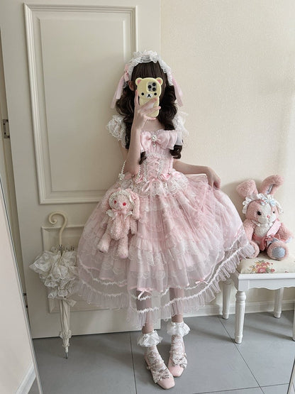 Lolita Multi-Layer Sweet Lace with Pink Details JSK Bows Rhinestone Dress Hanayome-Style
