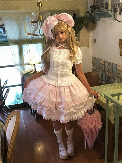 Pink & White Lace-Trimmed Skirt with Bow Accents - Hana Studio
