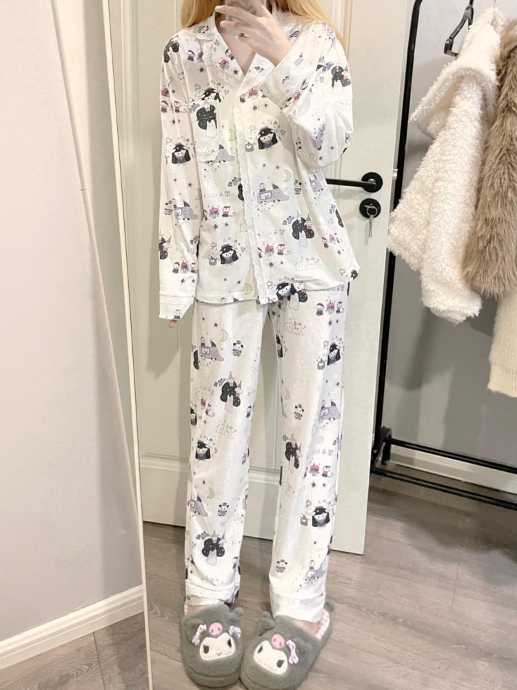 Weißes Pyjama-Set mit Cartoon-Motiv und Spitzenbesatz