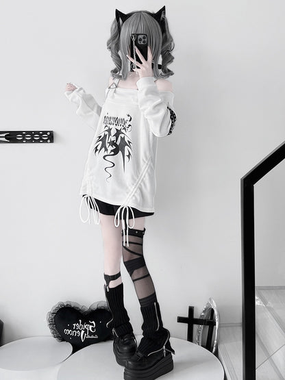 Weißes Punk-Top mit schulterfreiem Ausschnitt und Kordelzug