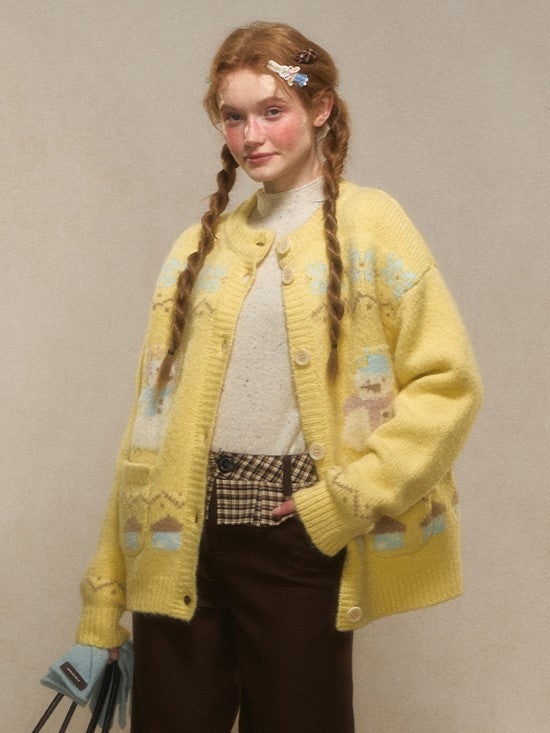 Snowman Charm Cardigan Knit Button-Front - Kawaii Yellow/Black/Pink Vintage Jacquard