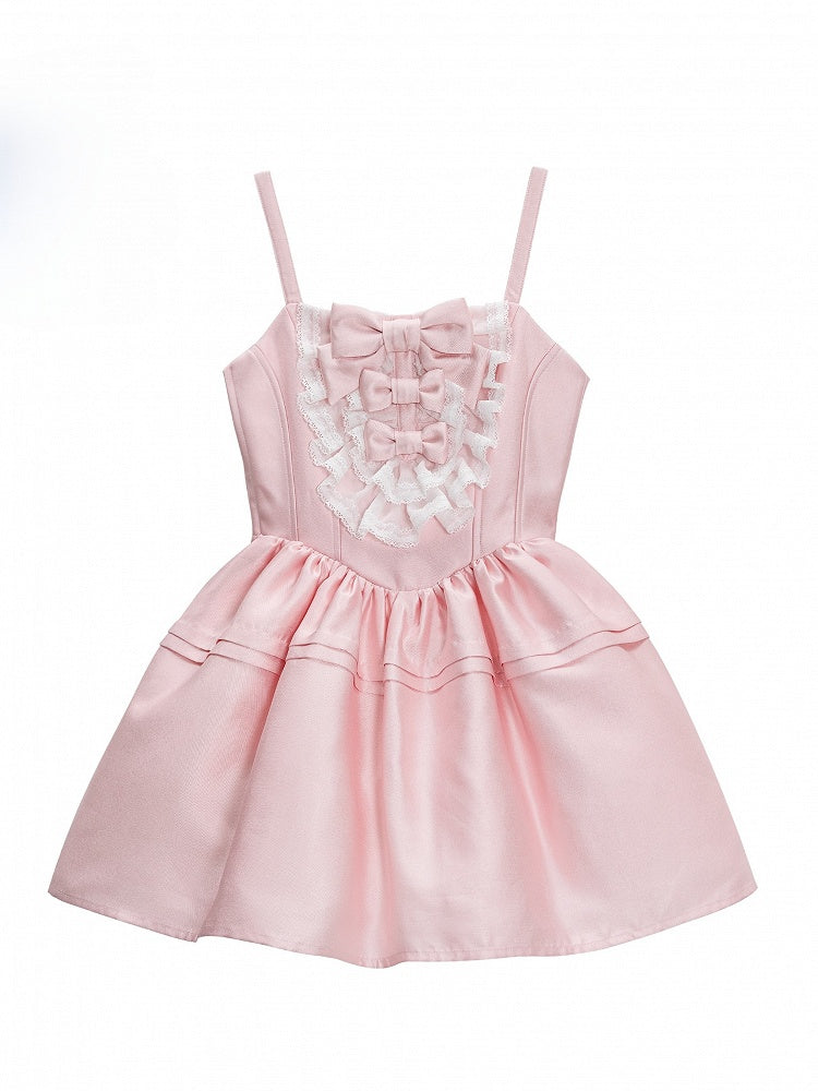 and Lolita Details with Sweet Basque Layered Lace Dress Pink Bow Waist