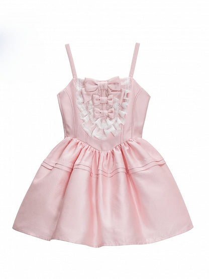 and Lolita Details with Sweet Basque Layered Lace Dress Pink Bow Waist