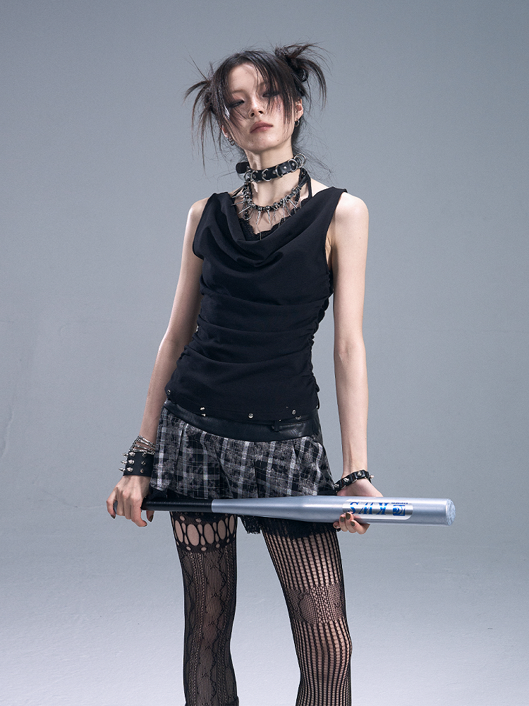 Accents Faux Lace Knit Vest Halter Two-Piece Punk With Black Stud