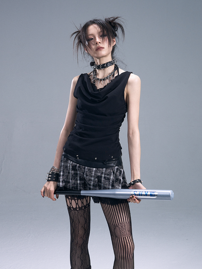 Accents Faux Lace Knit Vest Halter Two-Piece Punk With Black Stud