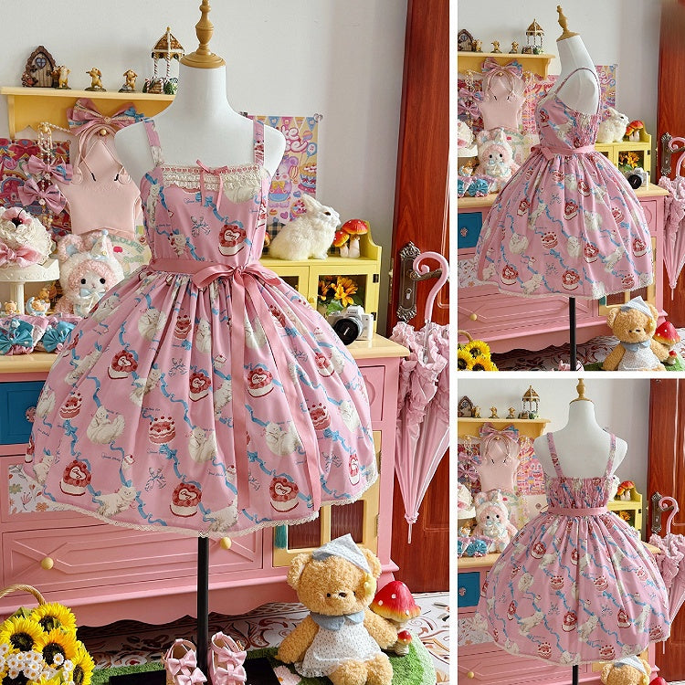 Flauschiger Showa-Pullover, rosa Kätzchen, süßes Lolita-Print, süßes Rockkleid