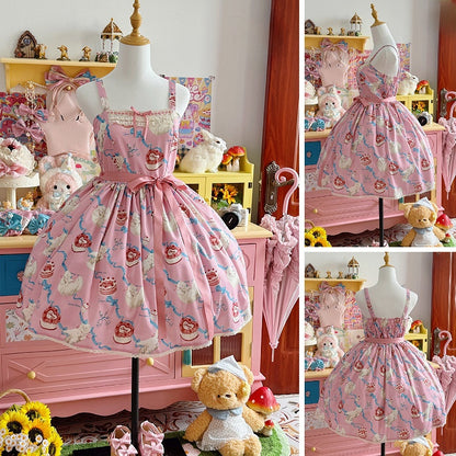 Flauschiger Showa-Pullover, rosa Kätzchen, süßes Lolita-Print, süßes Rockkleid