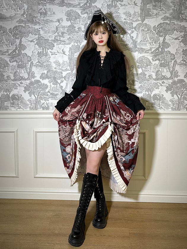 Ouji Ärmeldetails mit Schnürung Long Vibes Pirate Lolita Shirt Schwarz