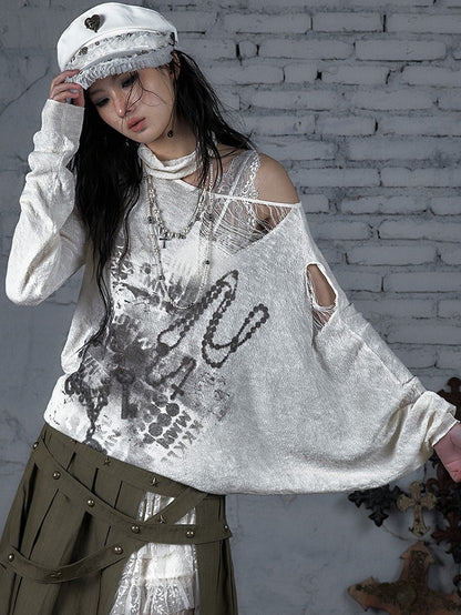 Distressed Beige/Khaki Top Ausschnitt Punk Asymmetrisch Sonnenschutz Ödland Löcher