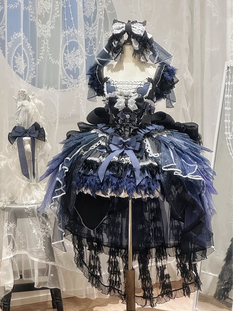 Dark Blue Swan Feather Accented Lolita JSK Dress Set - Felinae Cookie