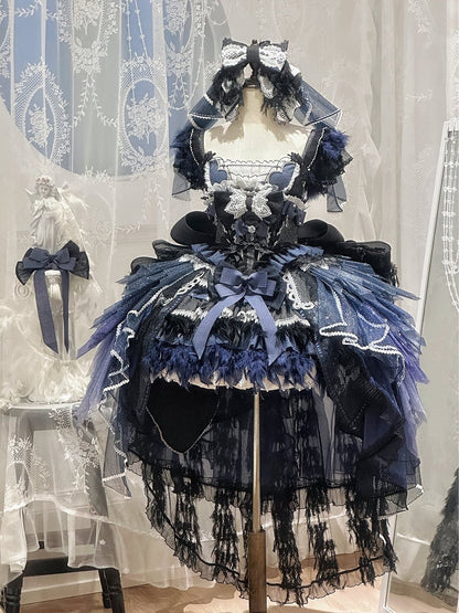 Dark Blue Swan Feather Accented Lolita JSK Dress Set - Felinae Cookie