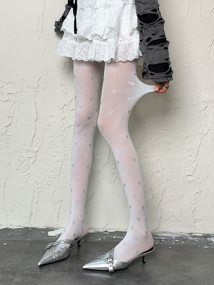 Y2K White Heart Print Tights