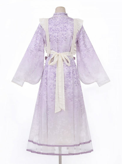 Beige Print Charm Dress Tassel Lolita Han Apron Floral Wisteria Purple + Beaded with