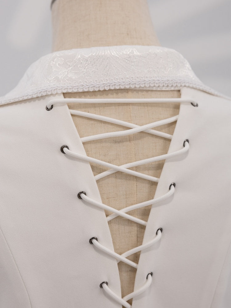 White Jacquard Coat with Zip Closure, Lace-Up Back, and Cutout Detail - DevilInspired Exclusive Collection