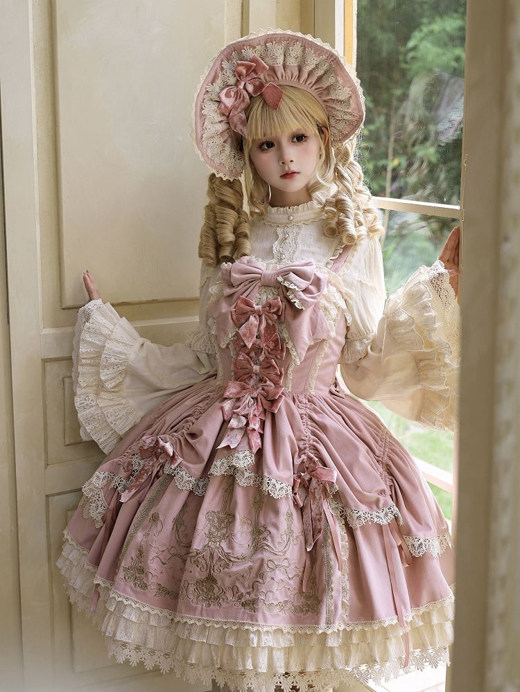 Lolita Kerzendekoration Kleid Schleifen JSK Samt Stickerei / Rosa