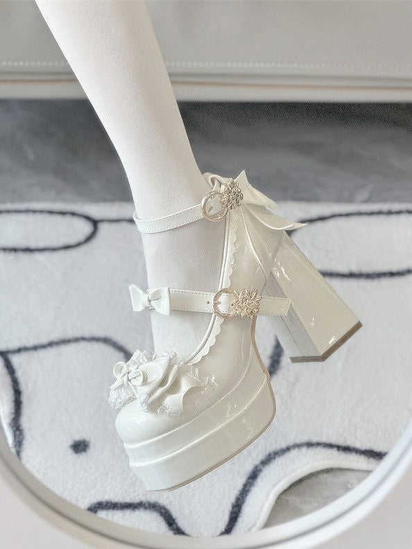 Platform Lolita Decor Bows Elegant White Block Shoes Scalloped - Edge Heel Round-Toe High 11cm