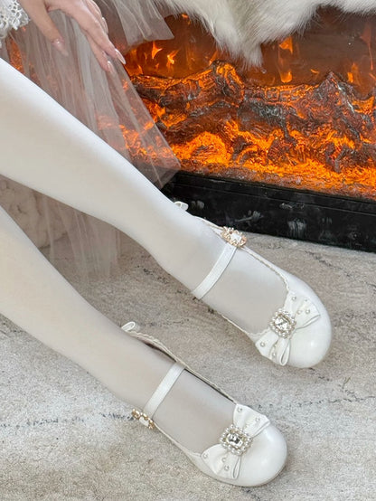 ラウンドロリータラインストーンメリートゥ装飾ディテールホワイト＆ビーズボウノットジェーンズシューズ