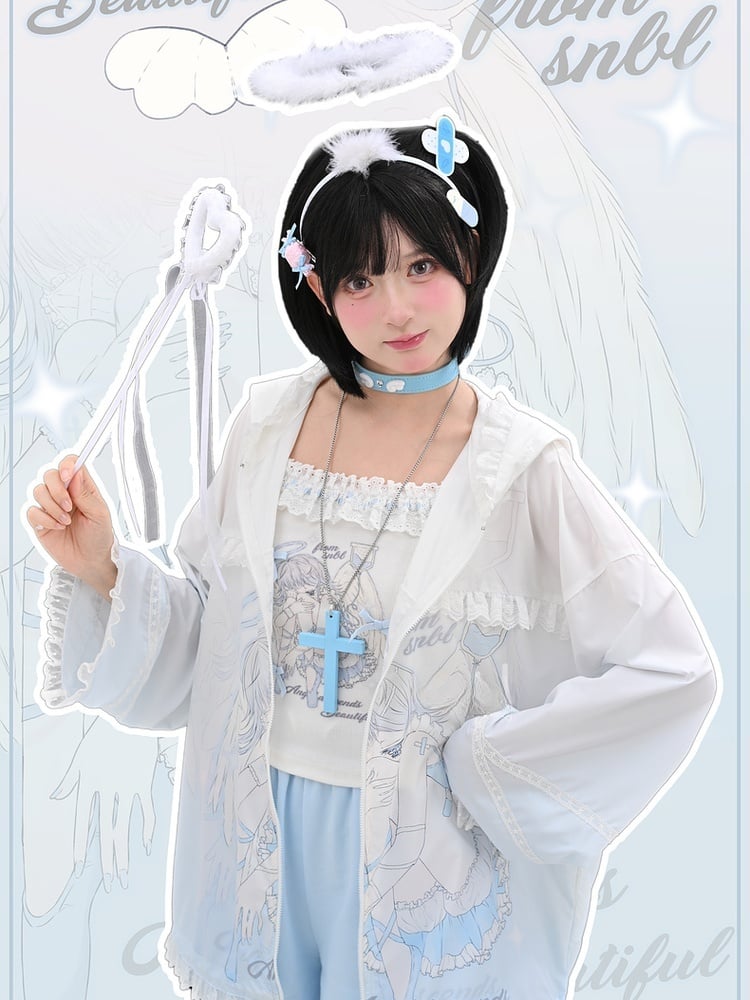 日焼け防止フード付き青と白のアニメガールプリントフリル裾ジャケットレース