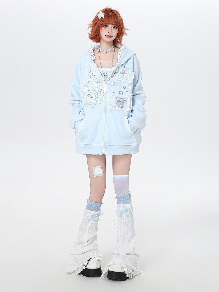 Blue Lace Trim Hoodie with Print - CRAZY GIRL