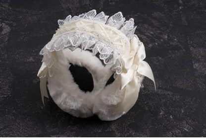 ホワイトハンドメイドのリボンクロスレーストリムプラッシュイヤーマフ