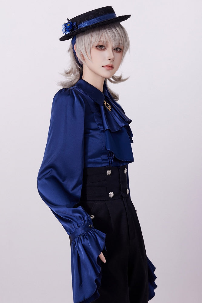 Royal Blue Pleated Bodice Shirt with Foldover Collar and Ruffle Cuffs - DevilInspired Exclusive Collection