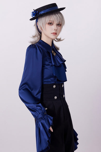 Royal Blue Pleated Bodice Shirt with Foldover Collar and Ruffle Cuffs - DevilInspired Exclusive Collection