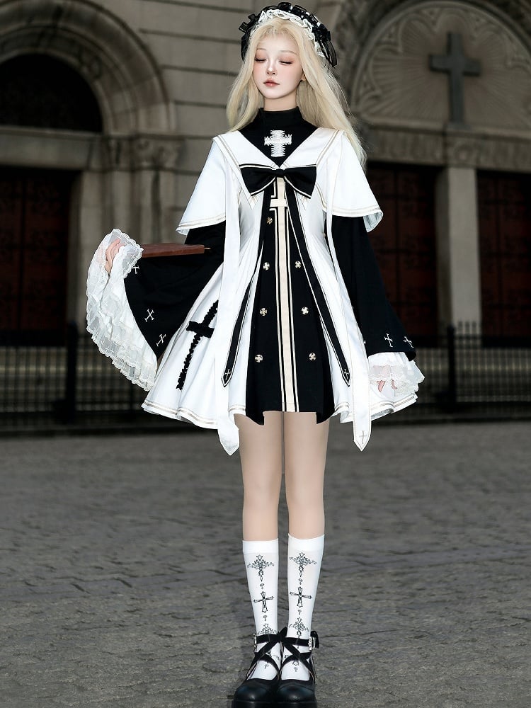 Weißes und schwarzes Lolita-Nonnenkleid, komplettes Set – Nonnenkleid mit Glockenärmeln + weißer Umhang + schwarzes Schleifen-Accessoire