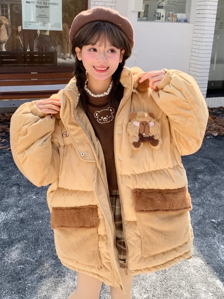 Khaki Cute Capybara Adorned Hooded Down Jacket Detachable Hood