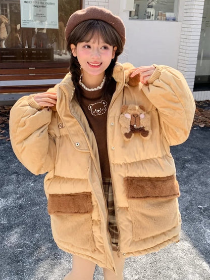 Khaki Cute Capybara Adorned Hooded Down Jacket Detachable Hood