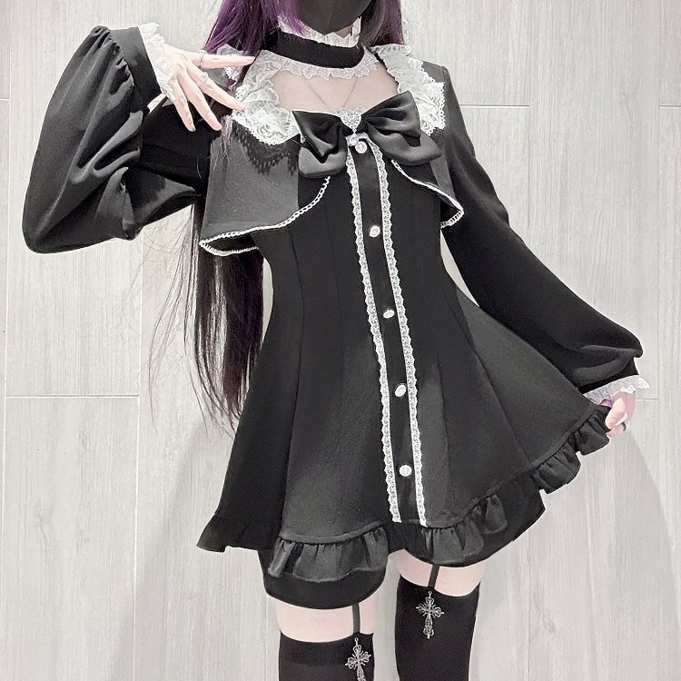 Black Jirai Kei Long Sleeve Coord Set- Square Neck Top with Lace Edging, Shorts, Bow Tie & Choker
