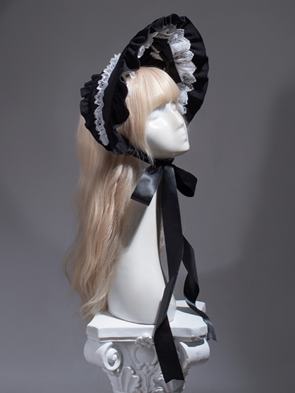 Black Lolita Bonnet with Ruffled White Lace Trim