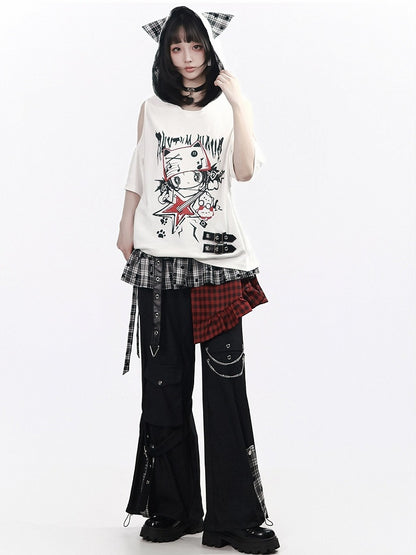 Red & Black Asymmetrical Plaid Skirt Overlay - PINK SAVIOR
