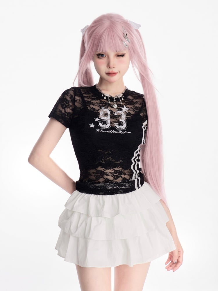 レースTシャツ ラウンドネック ナンバープリント セミシアー ブラック/ホワイト